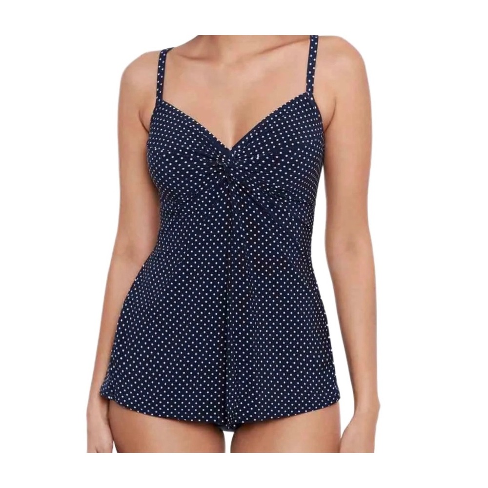 Miraclesuit Love Knot Polka Dot Tankini Top Blue White 12 Slimming Retro EUC